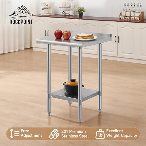 Image of ROCKPOINT All Stainless Steel Perp Table with Backsplash 24x24 Inch, Commercial Heavy Duty Table with Stainless Legs & Adjustable Undershelf, 670 lb Capacity for Restaurant,Home and Outdoor Kitchens
