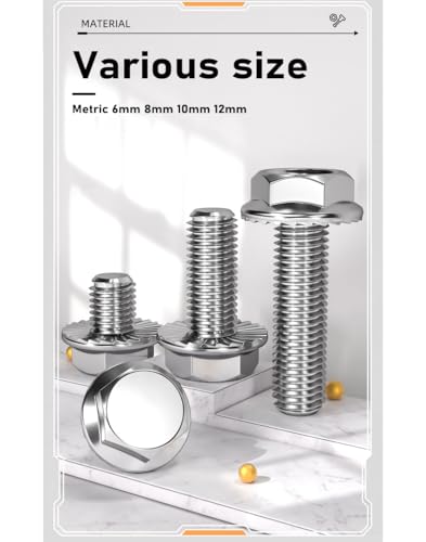 Image of cSeao M12-1.75 x 35mm Flanged Hex Head Bolts Flange Hexagon Screws, Stainless Steel 18-8 (304), Plain Finish, 6 PCS