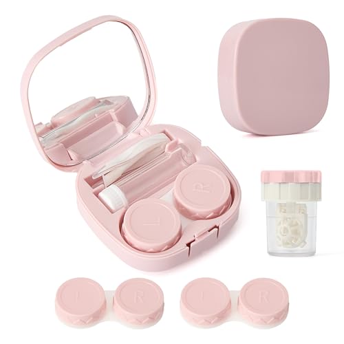 Lasiyanor Tragbare Kontaktbox mit Spiegelpinzette Entferner Werkzeuglösung Flasche für den täglichen Gebrauch im Freien rosa - soft pink S Kosmetikkoffer