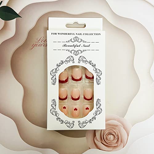 French Tip Press On Nails Short Square Fake Nails With Design Heart False Nails Red Nail Tips Valentines Acrylic Nails Full Cover Glossy Artificial Nails Cute Heart Press On Nails For Women Girls #TOP6