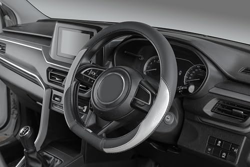 Image of SOFT X Flat Bottom Faux Leather Car Steering Wheel Cover Breathable & Anti Slip D Shape Steering Cover for Untlimate Comfort & Style (Silver & Black)