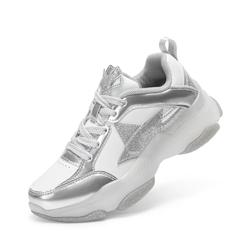 DREAM PAIRS Girls Sneakers Lace up Lightweight Sparkle StarGlow Breathable Jelly Sole Kids Walking Shoes Casual Sports