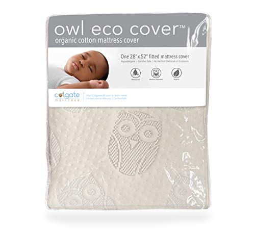 Colgate Mattress Organic Cotton Crib Mattress Cover by | Eco Cover | Fitted, Elastic Edges | Waterproof | Stain-Resistant | Cute Owl Pattern, White (OWL52F)