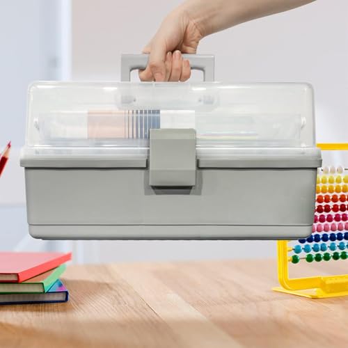 صندوق تخزين بلاستيكي قابل للتكديس من 3 طبقات - منظم شفاف كبير مع مقبض حمل، مثالي للاكسسوارات ومستحضرات التجميل والادوية والالعاب وادوات الخياطة والطعام واللوازم المدرسية