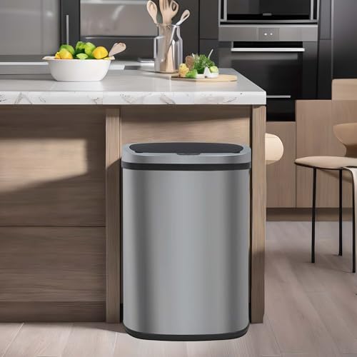 13 Gallon Kitchen Garbage Can 50L Stainless Steel Trash Can Garbage Bin Suitable Beautiful Garbage Can with Lid Sensor Trash Bin Garbage Bin with Lid Automatic for Office Bedroom Living Room, SS