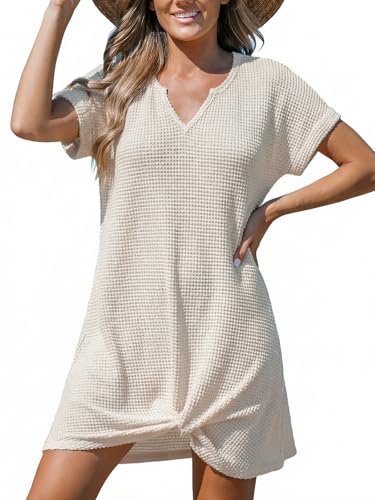 CUPSHE Women Swimsuit Cover Ups Short Sleeve Waffle Twist Front Summer Mini Beach Coverup Dress Off White, S