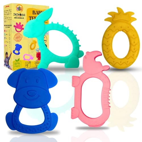 Image of Cute Shape Soft Silicone Teether for Baby Gums Teething Toys for Babies BPA Free Pain-Relief Non-Toxic 100% Food Grade Soothing Easy to Grasp Chewable - Rhino+Pineapple+Dog+Rabbit (Pack of 4)