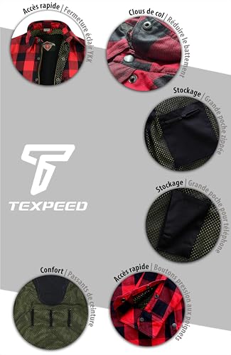Texpeed Chemises de moto pour hommes avec protections - Veste de motard été chemise à carreaux en flanelle fabriquée avec Aramid - Protection (EN 1621-1) - Rouge - XXL – vue 5