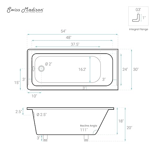 Image of Swiss Madison Voltaire 54 x 30 Left Drain Soaking Alcove Bathtub in Glossy Black