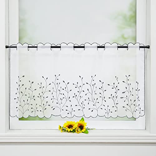 Delien Voile 1 stück Scheibengardinen Kurzgardinen Stickerei Bistrogardine »Grünland« Transparente Kurzstores Durchstangenzug Kurzvorhang mit Grasmuster Blattmuster für Küche BxH 120x30cm,Dunkelgrau