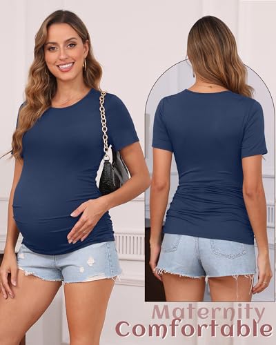 Huukeay 4 Pack Women's Maternity Shirts, Crew Neck Maternity Top Short Sleeve Casual Cotton Tee Side Ruched Pregnancy Clothes2