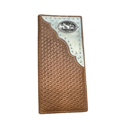 Men’s Long Leather Wallet – Hair-On Cowhide with Cowboy Praying Concho and Basketweave Tooled Design – Rodeo Bifold Checkbook Wallet for Christian Cowboys & Ranchers