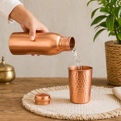 Image of Pure Copper Water Bottle - Handcrafted - Ayurveda health benefits - Large 750 ml - Leak proof, Easy to carry for Sports, Fitness, Yoga, School - Natural Copper Finish
