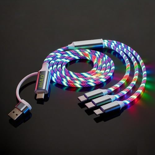 Image of IHAO Multi Ports Light-Up USB Cable USBA /USB C to USBC /MicroUSB Cable Durable Fast Charging Cable with Visible Current Flow As Night Light Use 39 inches-6in1 Colorful