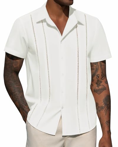 DEMEANOR Mens Linen Short Sleeve Shirt Cuban Guayabera Button Down Casual Summer Beach Vacation Wedding Shirt