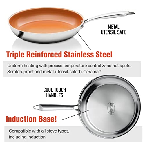 Gotham Steel Stainless Steel 2 Pack Frying Pan Set Premium Copper Nonstick Frying Pans– Tri-Ply Bonded, Coated With Titanium And Ceramic Surface For The Ultimate Release – Dishwasher Safe #TOP4