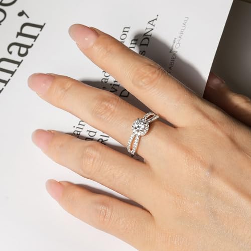 14K White Yellow Gold Plated Cubic Zirconia Promise Halo Engagement Promise Eternity Ring for Women, Bridal Band 1.0-2.0ct CZ Wedding Bands Princess Square Round Rings for Her Size 5-84