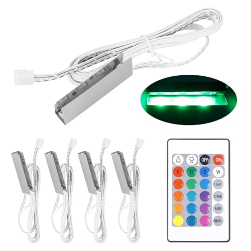 Vitrinenbeleuchtung 4er Set, LED Glasbodenbeleuchtung inkl. 12V Netzteil mit Schalter, Glasbodenbeleuchtung Vitrinenbeleuchtung Clip Glas, Buntes RGB Licht LED Glasboden Strip für Vitrine Regal Tisch