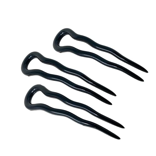 Parcelona French Mystic Black 3 Inch Wavy Set of 3 Celluloid U Shaped Hair Pins for Hair Bun Style for Women and Girls Hair Styling Accessories, Made in France