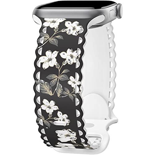Image of Compatible with Apple Watch Band 41mm 40mm 38mm 49mm 45mm 44mm 42mm Women Girl, Floscule Floral Lace Hollow-out Soft Silicone Sport Bands For iWatch Ultra SE Series 10 9 8 7 6 5 4 3 2, Flos-42