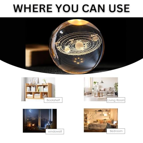 Image of Rangoli Solar System Engraved Crystal Ball with LED Light Base - 3D Laser Engraved Decorative Night Lamp for Home Decor, Office Desk, Gift.