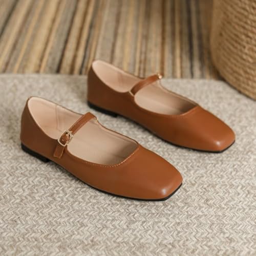 Stunner Women's Mary Jane Flats Fashion Square Toe Soft Ballet Flats Comfort Leather Office Driving Flat Shoes Light Brown 42(9.5) 22