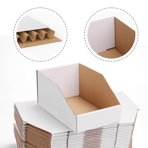 Image of EXYGLO Cardboard Storage Bins 35 Pack, 9.4x6x4.5 Inch Cardboard Boxes, Corrugated Organizer Bins for Pantry, Shelves, Garage, Office, Shop, White