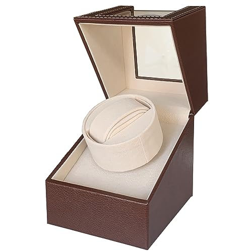 Image of Single Watch Winder for Automatic Watches, Super Quiet, in Wood Shell and Black Leather /Carbon Fiber Leather, Japanese Motor