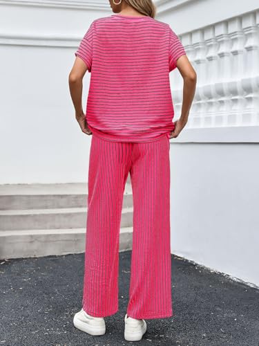 Image of Tankaneo Womens Striped 2 Piece Sets Short Sleeve T Shirts Wide Leg Pants Matching Lounge Set with Pockets