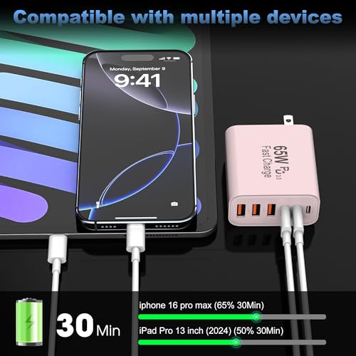 Image of 65W USB C Charger Block,6-Port Multi Device Fast Charger PD QC Wall Adapter | GaN technology saves space and reduces heat,ideal for home,office,travel,wide compatibility for iphone and USBC devices(Pink