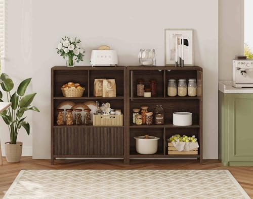 FATORRI Cube Bookshelf with 2 Doors, 4 Tier Wooden Bookcase, 5 Cube Storage Organizer for Home Office (Dark Walnut)