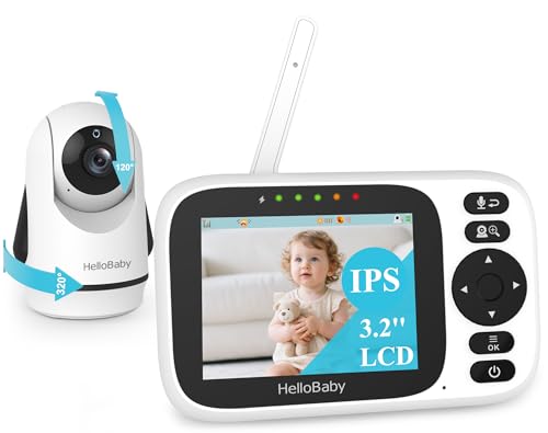 HelloBaby Baby Monitor with Camera and Audio, 3.2'' IPS Screen, No WiFi, 2-Way Talk, Night Vision, Remote Pan-Tilt-Zoom, VOX/ECO Mode, 8 Lullabies, 1000ft Range, Temperature Display, HB6339