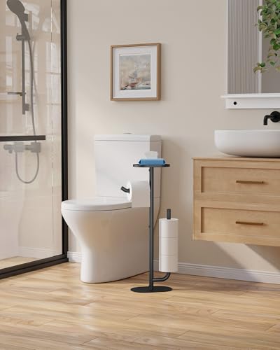 Kitsure Toilettenpapierhalter - Geräumiger Klopapierhalter Für 4 Rollen, Rostfreier Praktischer Klorollenhalter Mit Ablage Für Handy & Kleine Gegenstände, Schwarz, 23,2 x 14,8 x 70,0 cm