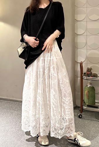 CHARTOU Women Embroidered Long Lace Maxi Skirt Sheer Tull Layered Skirt Crochet Mesh A Line Skirt Cotton Elastic Waist2