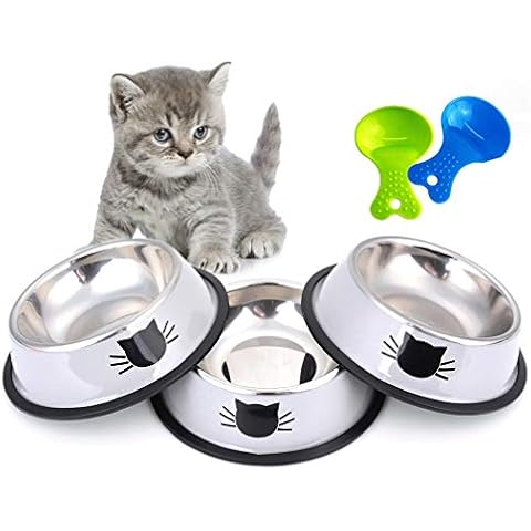 Legendog Feeding Bowl Cat, 3 Pieces Stainless Steel Non-slip Cats Bowl with Cute Painted for Small Dogs Cats(Gray 3PCS) Cover
