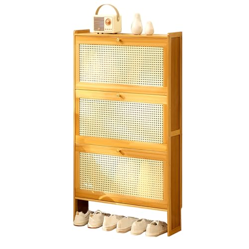 Smukła szafka na buty z rattanu z uchylnym pojemnikiem, organizer do przedpokoju i salonu z 3 szufladami, oddychający design z bambusa, 50 x 17 x 120 cm