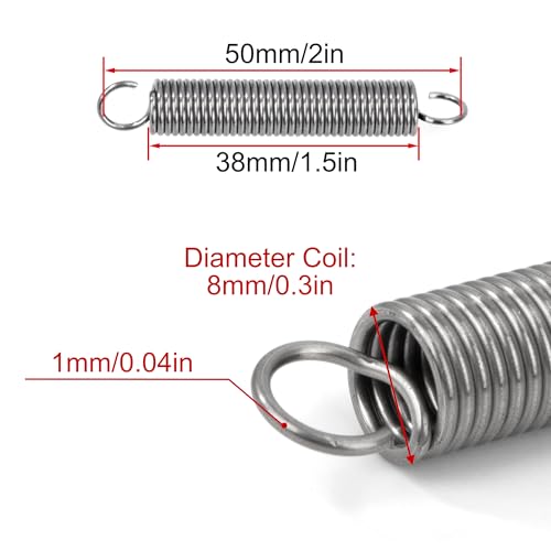 GUNGY Zugfedern mit Haken Edelstahl Zugfeder Spannfeder 50mm Außendurchmesser 8mm Drahtdurchmesser 1,0 mm Hakenwinkel 90 Grad Maximale Zugkraft 2,5kg 1,0x8x50mm 10 Stück