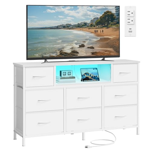 SONGMICS BELLAH Collection - Dresser for Bedroom with Outlets and LED Lights TV Stand for TVs Up to 55 Inches Chest of Drawers 8 Drawers Steel Modern Cloud White ULGS433WH02S