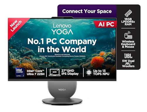 Image of Lenovo Yoga AIO Intel Core Ultra 7 255H 27" QHD IPS (16GB RAM/1TB SSD/AI PC/Windows11/Microsoft 365 Basic + Office Home 2024/Wireless Euterpe Keyboard & Mouse, Grey), F0J20050IN All-in-One Desktop