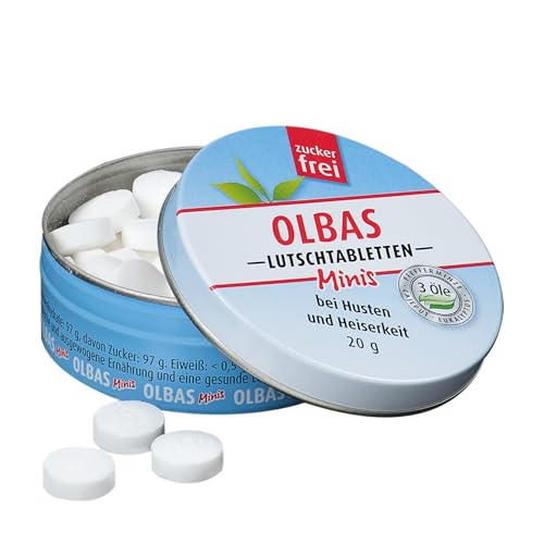 Olbas - Minis Lutschtabletten zuckerfrei - bei Husten und Heiserkeit - 3 Öle (Pfefferminz Cajeput Eukalyptus) - 1x 20g Dose