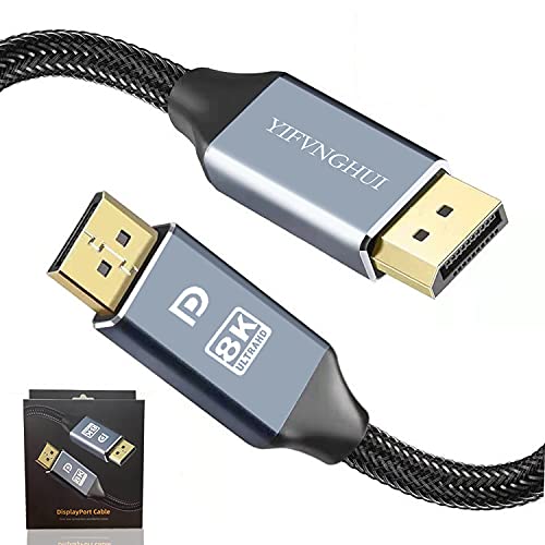YIFVNGHUI DisplayPort Cable, 6.6ft/2M 8K DP Cable 1.4 (8K@60Hz, 4K@120Hz/144Hz, 2K@144Hz/165Hz) PVC+Nylon Braided Ultra High Speed DP Cable Cord Support Resolution for Laptop PC TV Gaming Monitor
