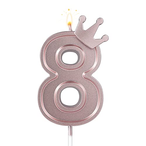 Aiex 3Inch Birthday Number Candle, 3D Candle Cake Topper With Crown Cake Numeral Candles Number Candles For Birthday Anniversary Parties (Rose Gold; 8) #TOP4
