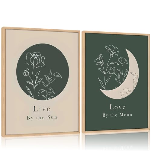 Framed Green Boho Sun and Moon Wall Art Set of 2 for Bedroom Modern Abstract Line Art Canvas Prints Motivational Quotes Picture Wall Decor Minimalist Bohemian Paintings for Living Room12x16Inches