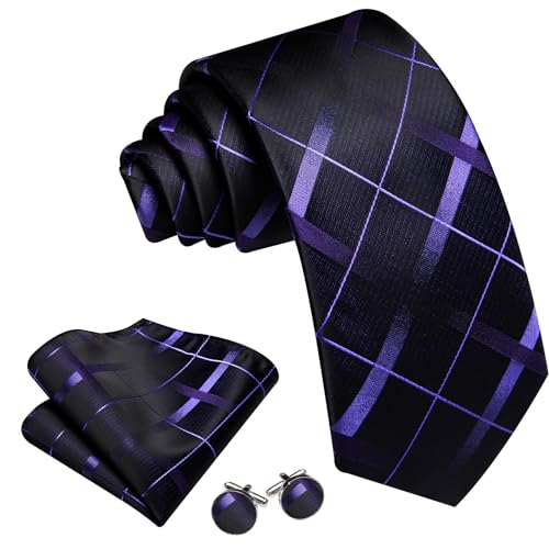 Image of Barry.Wang Mens Tie Set Plaid Check Neckties Formal Business Wedding Luxury Pocket Square Cufflinks