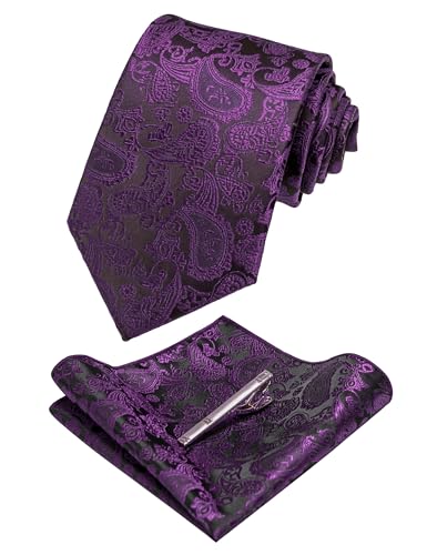 Image of JEMYGINS Mens Solid Color Paisley Necktie and Pocket Square with Tie Clip Sets