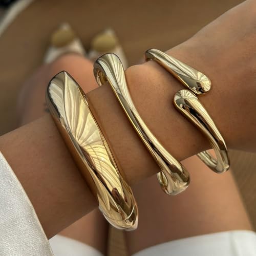 Image of MTINEAPS 3 PCS Gold Bangle Bracelets Set for Women Teens Trendy Chunky Adjustable Twist Cuff Bracelet Jewelry Gifts