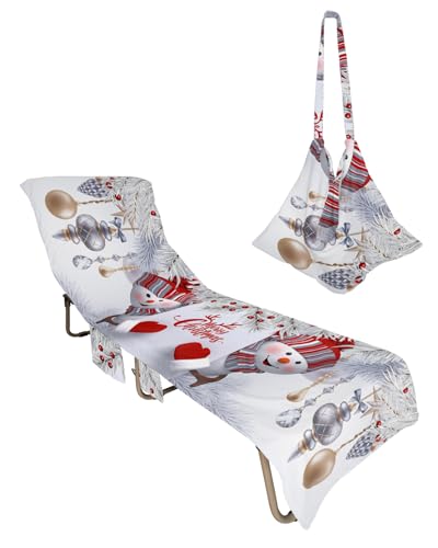 Christmas Snowman Beach Chair Towel Covers for Chaise Lounge with Side Pocket, Soft Plush Pool Towels Cover for Patio Sunbathing Outdoor 29''x85'' Silver Pine Leaves Winter Red Berry