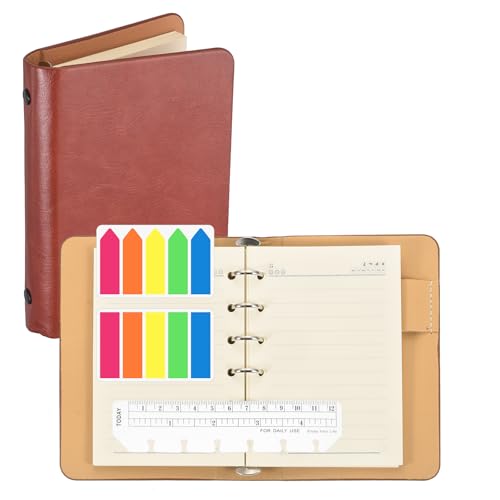PATIKIL Pages Lignées 4.2 x 5.8 Pouces Classeur 6 Anneaux, Carnet Cuir Avec Règle Marque-Page Transparent Et Onglets Index Colorés Pour Bureau Étude Travail, Marron