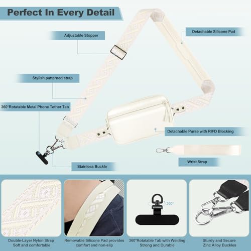 Image of YFWE Clip and Go Strap for Phone with Wallet Crossbody, Adjustable Phone Lanyard with Detachable RFID Wristlet Wallet, Pattern Strap - Cream (L)