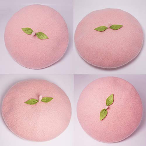 Kawaii Handmade Cartoon Beret Hat Green Leaves Fruit Cosplay Vintage Lolita Mori Girl Wool Cap Gift (Pink) #TOP5